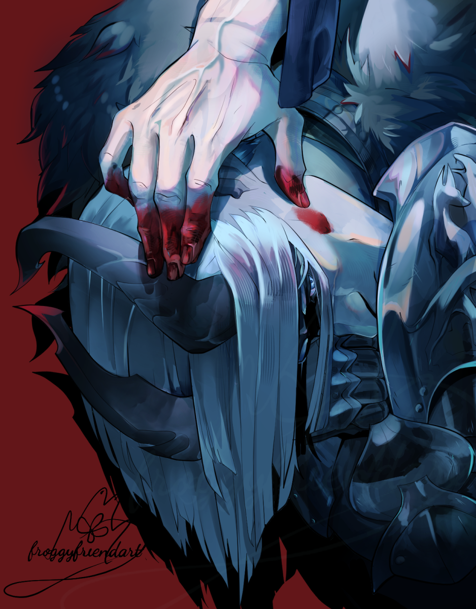 Portrait of Ceres, a pale, armored and horned woman with white hair. She is resting her head in her arms while an old, bloodstained hand strokes her cheek.