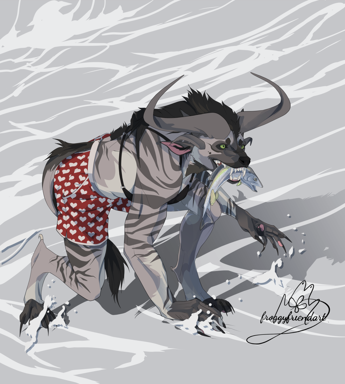 Carnivore, emerging on the beach with a fish in her mouth. She is wearing swim shorts and a bikini top.