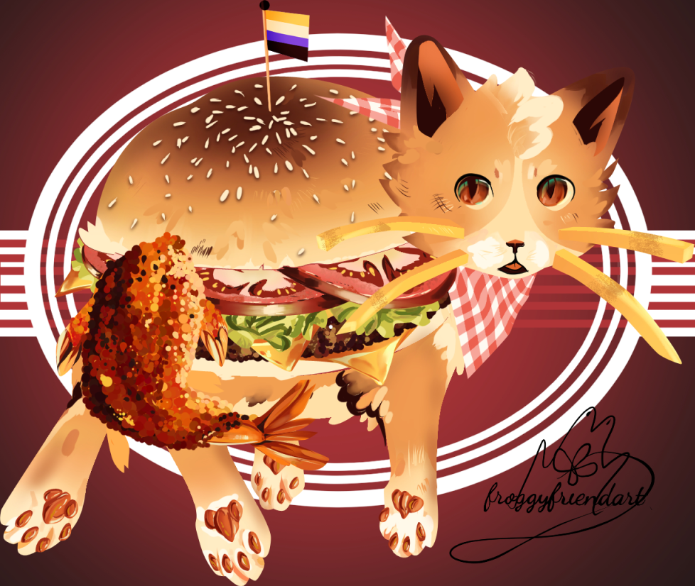 Chips, a cat shaped like a burger, looking at the viewer.