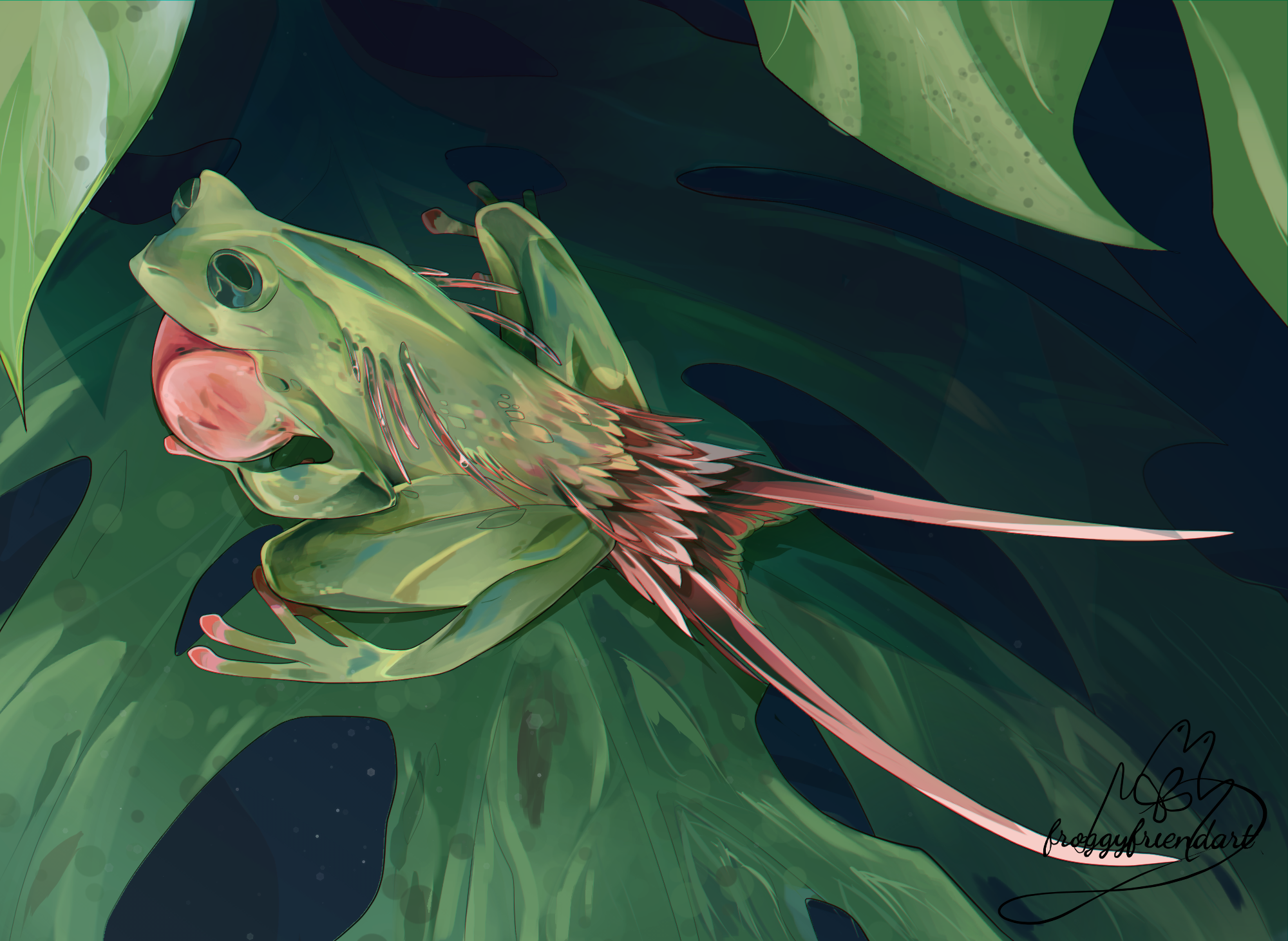 A glossy green frog and swallow hybrid sits on a large leaf.