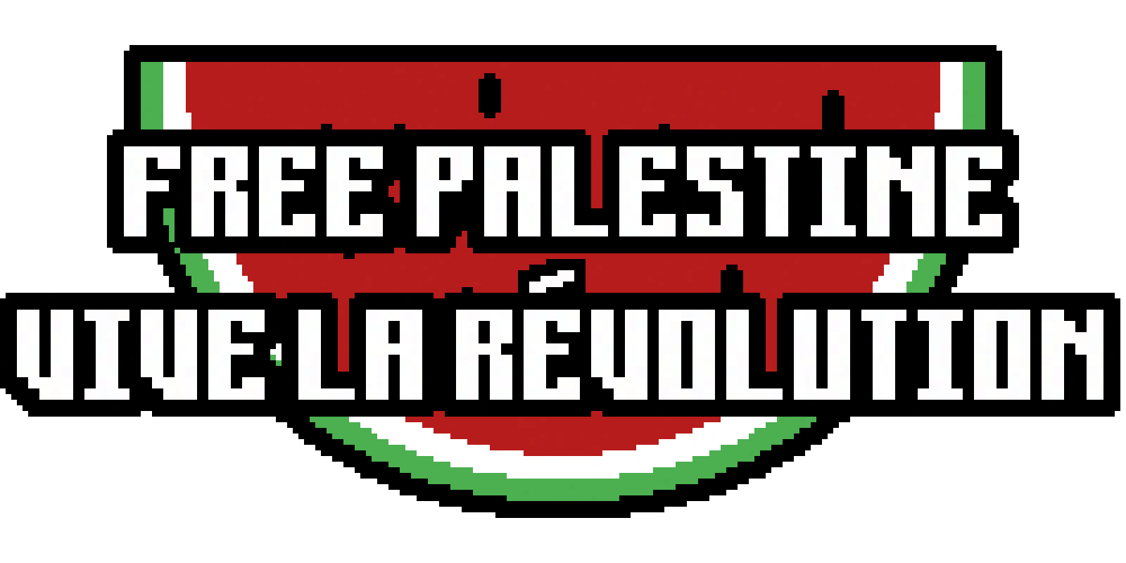 pixel art of a watermelon slice with the words 'free Palestine' and 'vive la revolution'