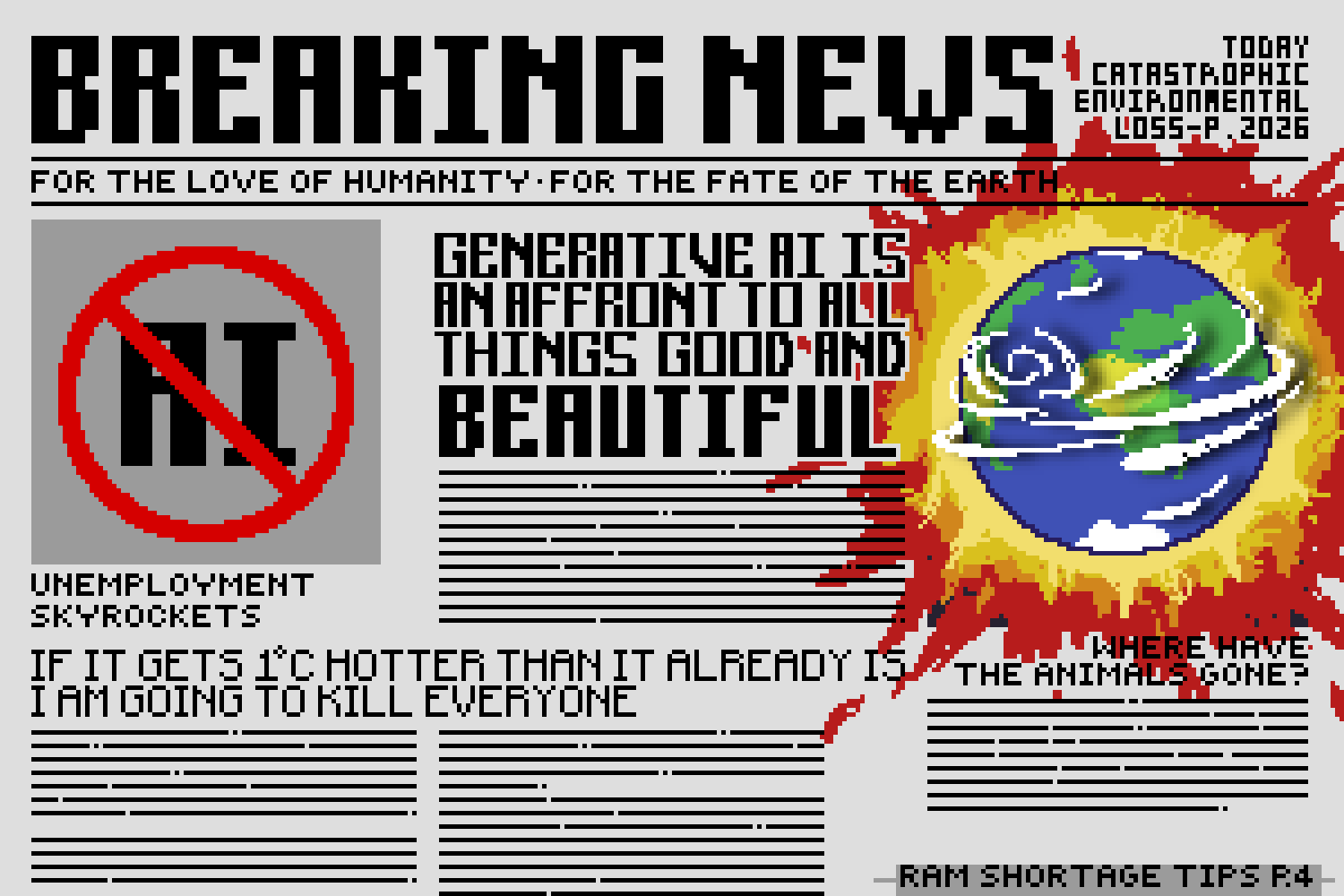 pixel art of a newspaper. The text says 'Generative AI is an affront to everything that is good and beautiful', 'where have the animals gone?' 'unemployment skyrockets', 'catastrophic environmental loss on page 2026', 'ram shortage tips on page 4', and 'If it gets one degree celsius hotter than it already is, I am going to kill everyone'. There is a picture of a burning planet earth.